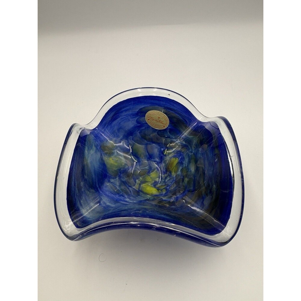 Murano Style Hand Blown Blue Green Swirl Art Glass Bowl Vtg Crystal Clear Italy